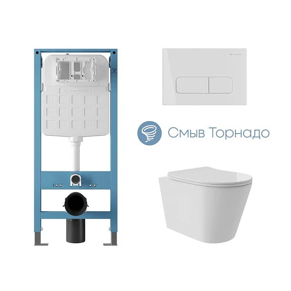 Комплект инсталляции Aqueduto Tecnica Novo с безободковым унитазом Cone Plus Tornado белый глянец, клавиша смыва Forma белый глянец
