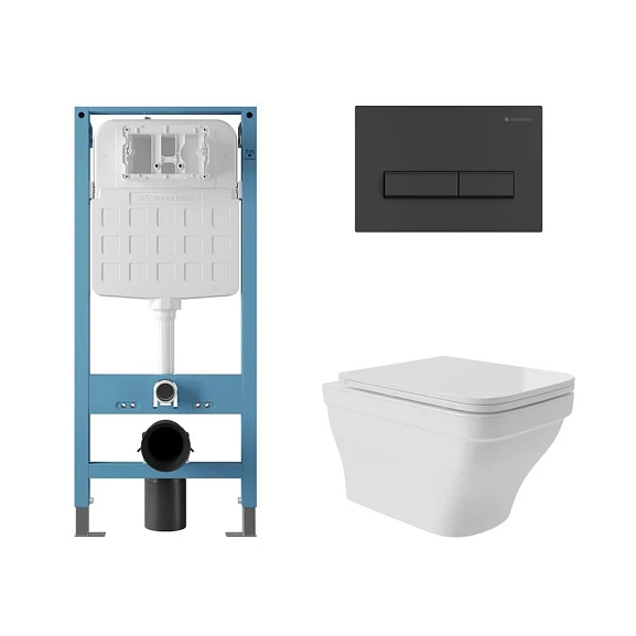 Комплект инсталляции Aqueduto Tecnica Novo с безободковым унитазом Esteta белый глянец, клавиша смыва Retangulo черная матовая