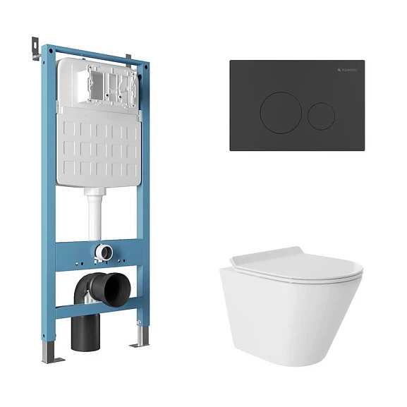 Комплект инсталляции Aqueduto Tecnica Novo с безободковым унитазом Cone Tornado белый глянец, клавиша смыва Circulo Novo черная матовая