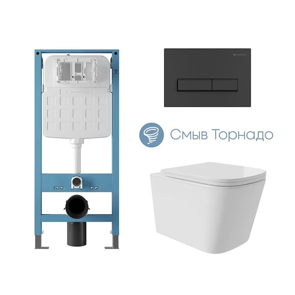 Комплект инсталляции Aqueduto Tecnica Novo с безободковым унитазом Macio Plus Tornado белый глянец, клавиша смыва Retangulo черная матовая