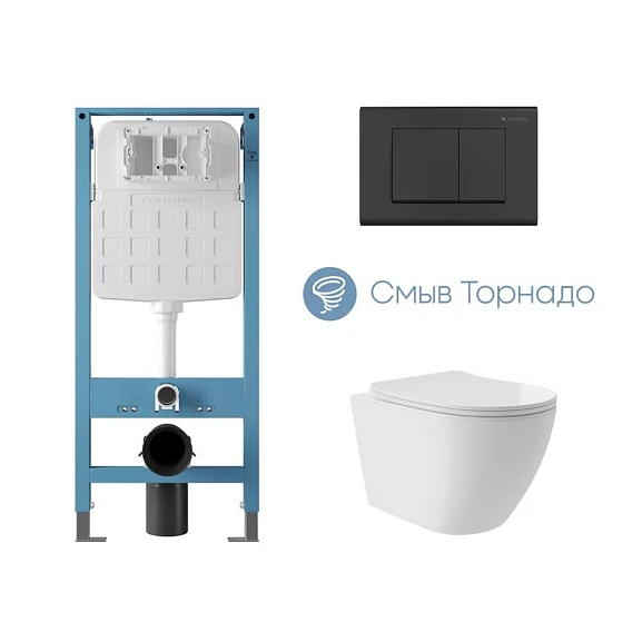Комплект инсталляции Aqueduto Tecnica Novo с безободковым унитазом Ovo Plus Tornado белый глянец, клавиша смыва Quadrado черная матовая