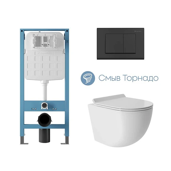 Комплект инсталляции Aqueduto Tecnica Novo с безободковым унитазом Ovo Tornado белый глянец, клавиша смыва Quadrado черная матовая