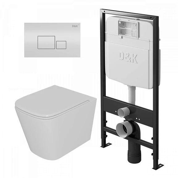 Комплект инсталляции D&K DI8055119 с безободковым унитазом Quadro, клавиша смыва Quadro белая