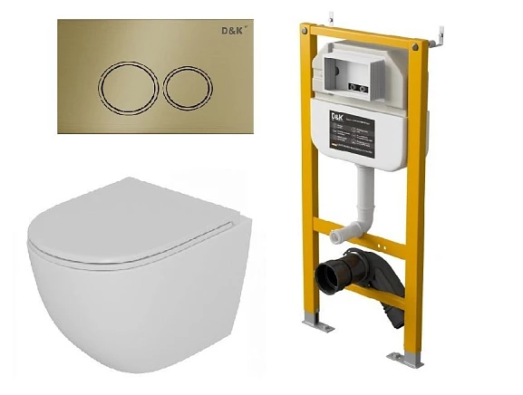 Комплект инсталляции D&K DI8050127 с безободковым унитазом Matrix, клавиша смыва Bayern матовое золото